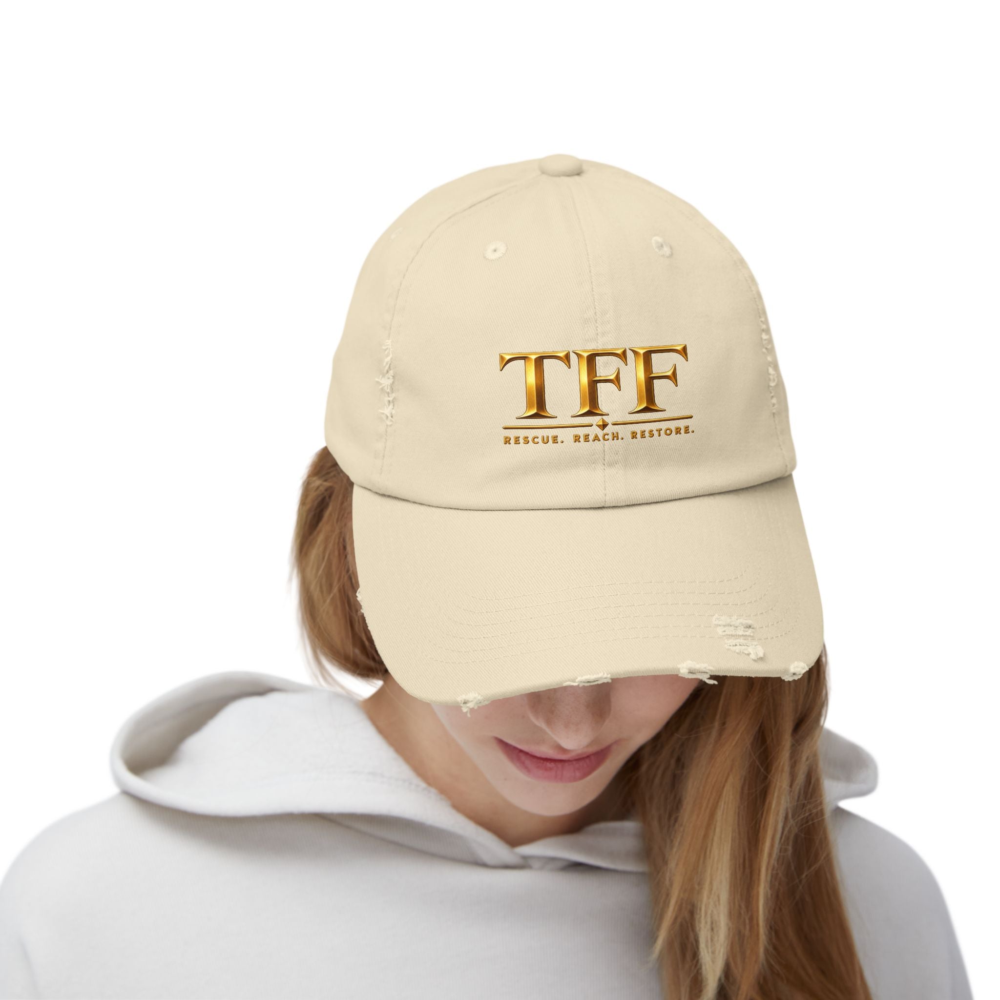TFF Distressed Baseball Cap – Gold Logo Rescue. Reach. Restore.