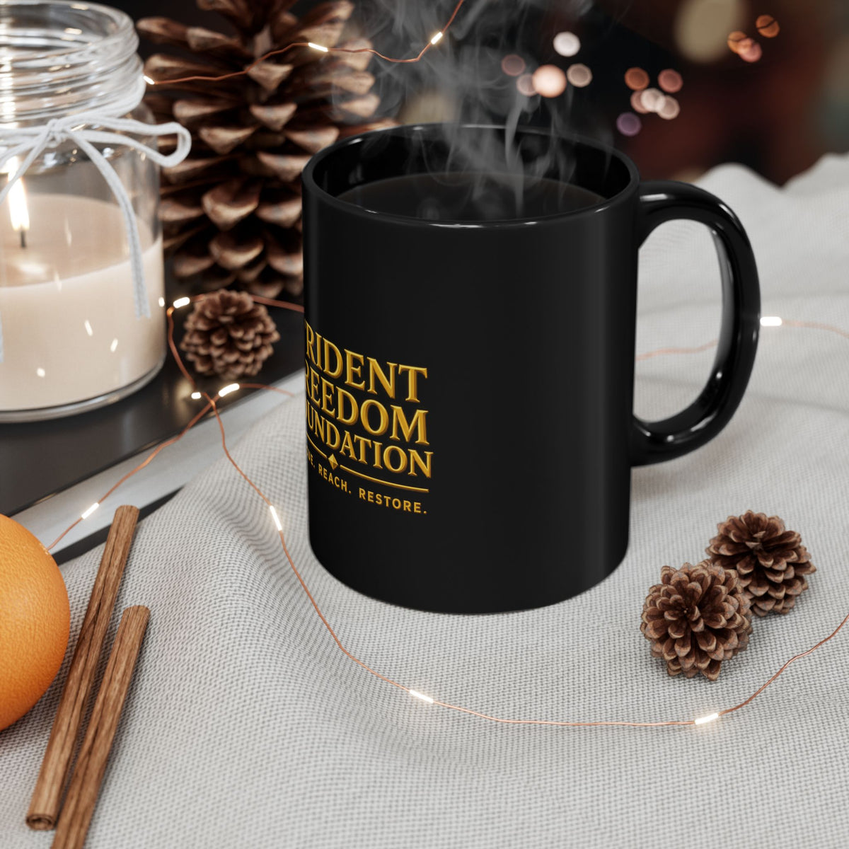 Trident Freedom Foundation Black Coffee Mug — Rescue. Reach. Restore. (11oz/15oz)