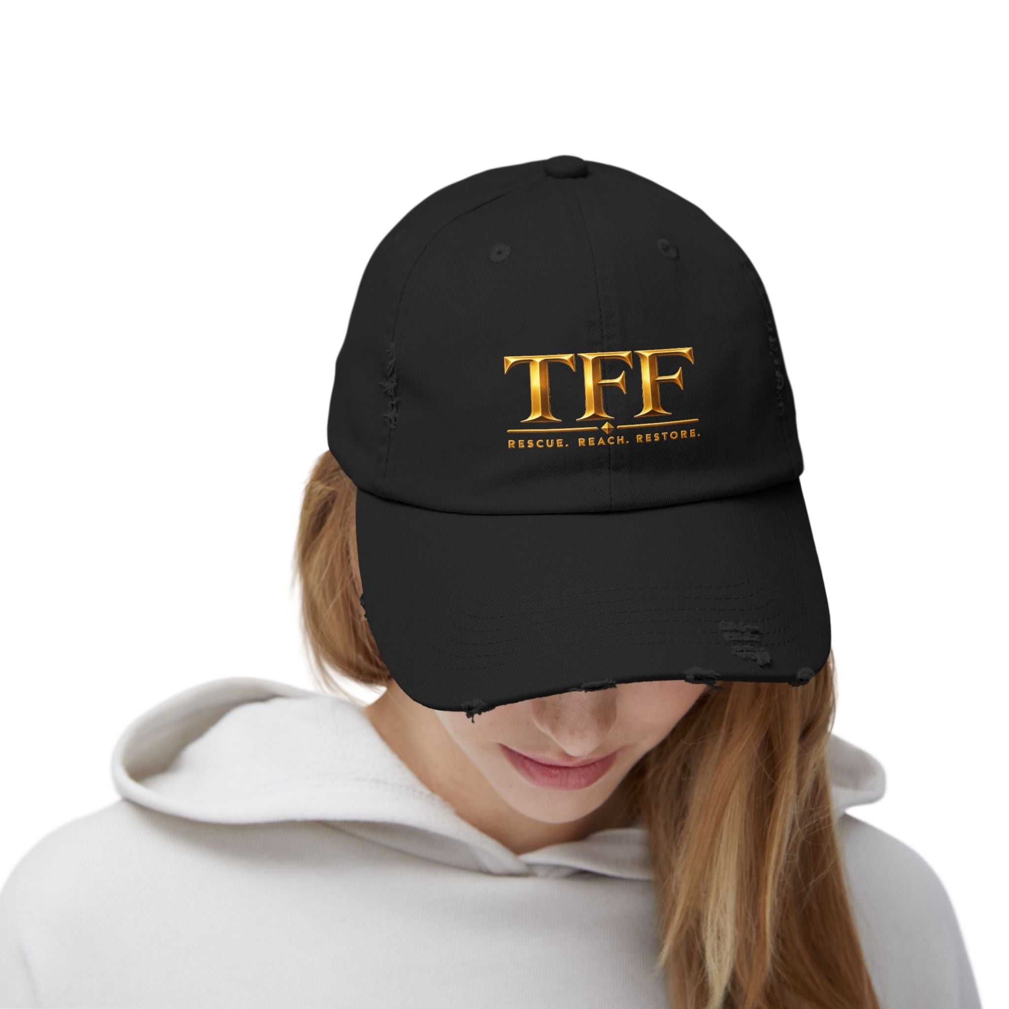 TFF Distressed Baseball Cap – Gold Logo Rescue. Reach. Restore.
