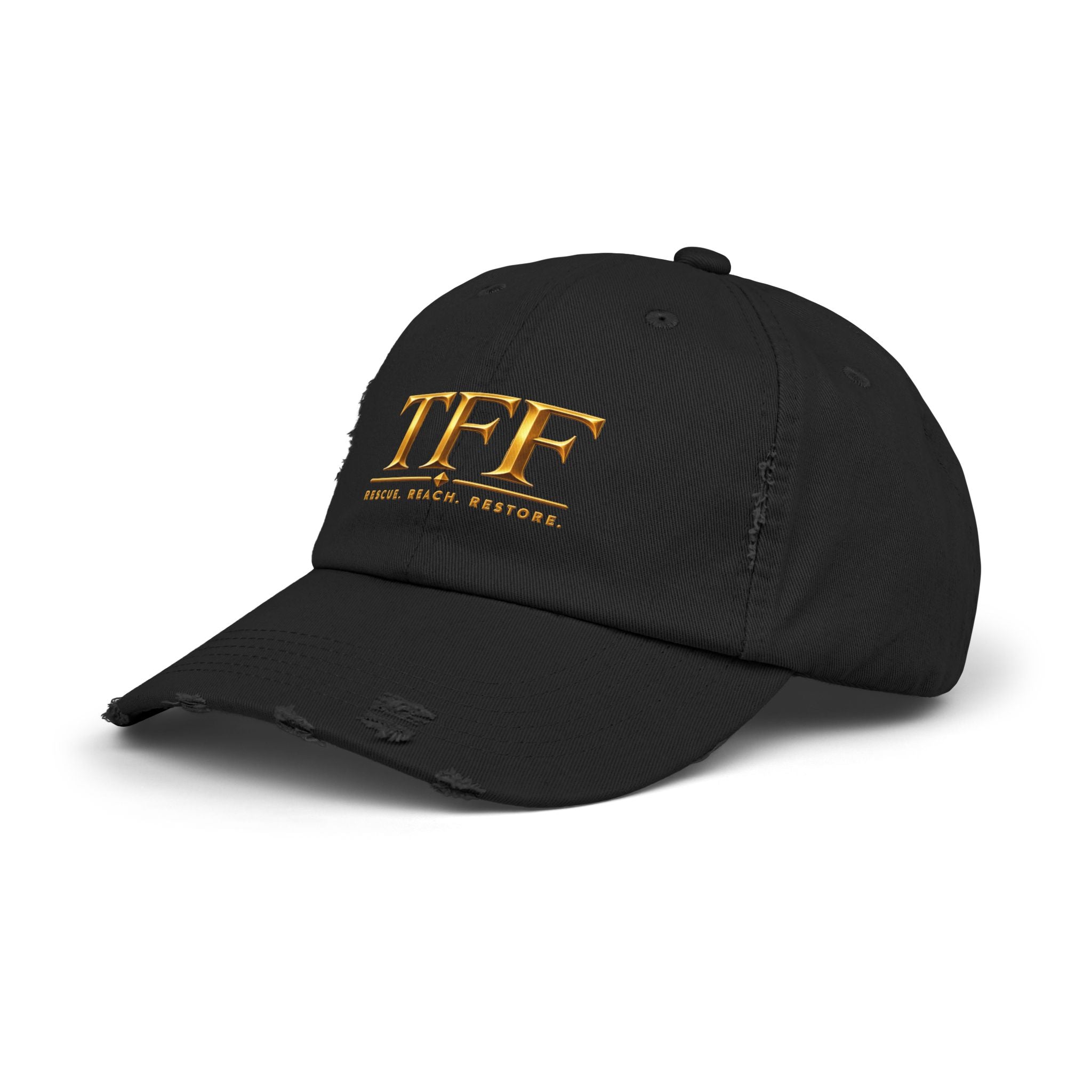 TFF Distressed Baseball Cap – Gold Logo Rescue. Reach. Restore.