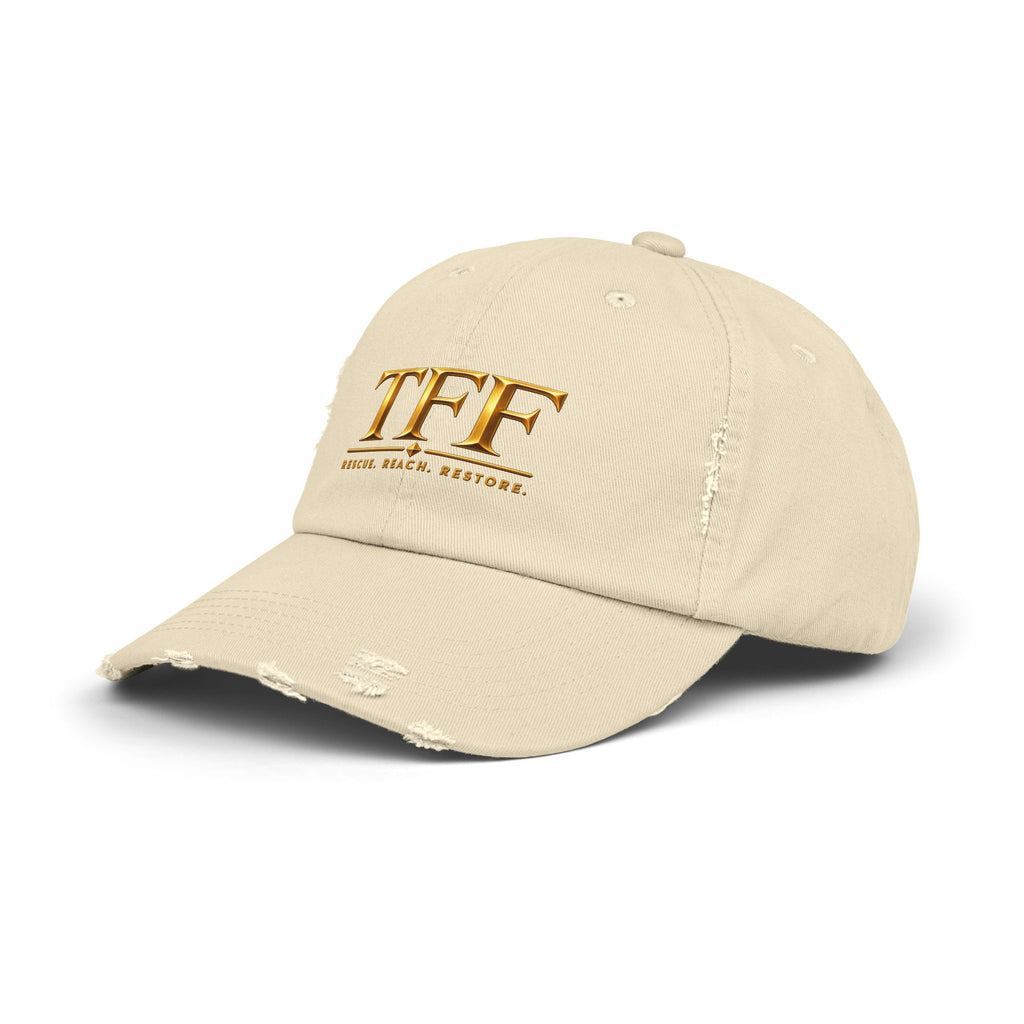 TFF Distressed Baseball Cap – Gold Logo Rescue. Reach. Restore.
