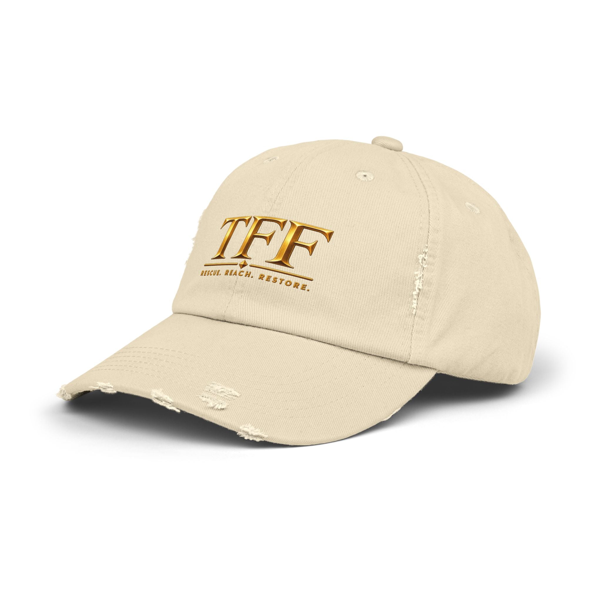 TFF Distressed Baseball Cap – Gold Logo Rescue. Reach. Restore.