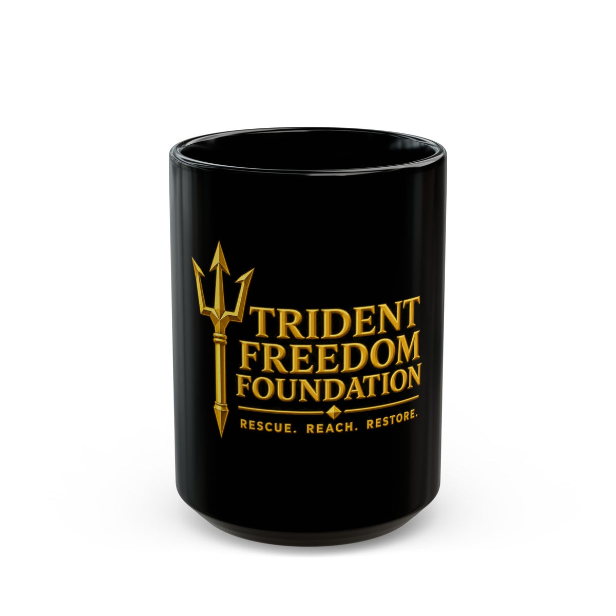Trident Freedom Foundation Black Coffee Mug — Rescue. Reach. Restore. (11oz/15oz)