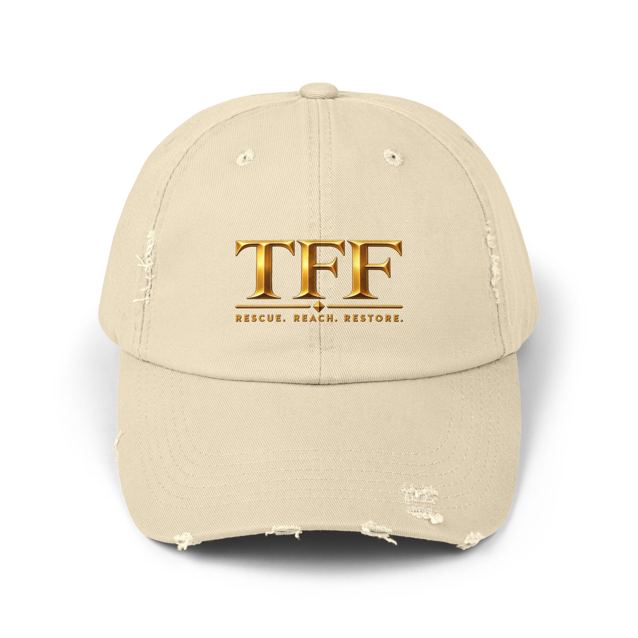 TFF Distressed Baseball Cap – Gold Logo Rescue. Reach. Restore.