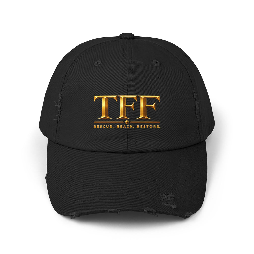 TFF Distressed Baseball Cap – Gold Logo Rescue. Reach. Restore.