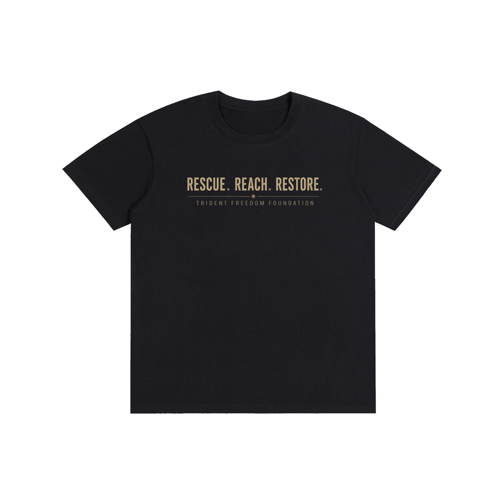 Black t-shirt with a small logo on a white background