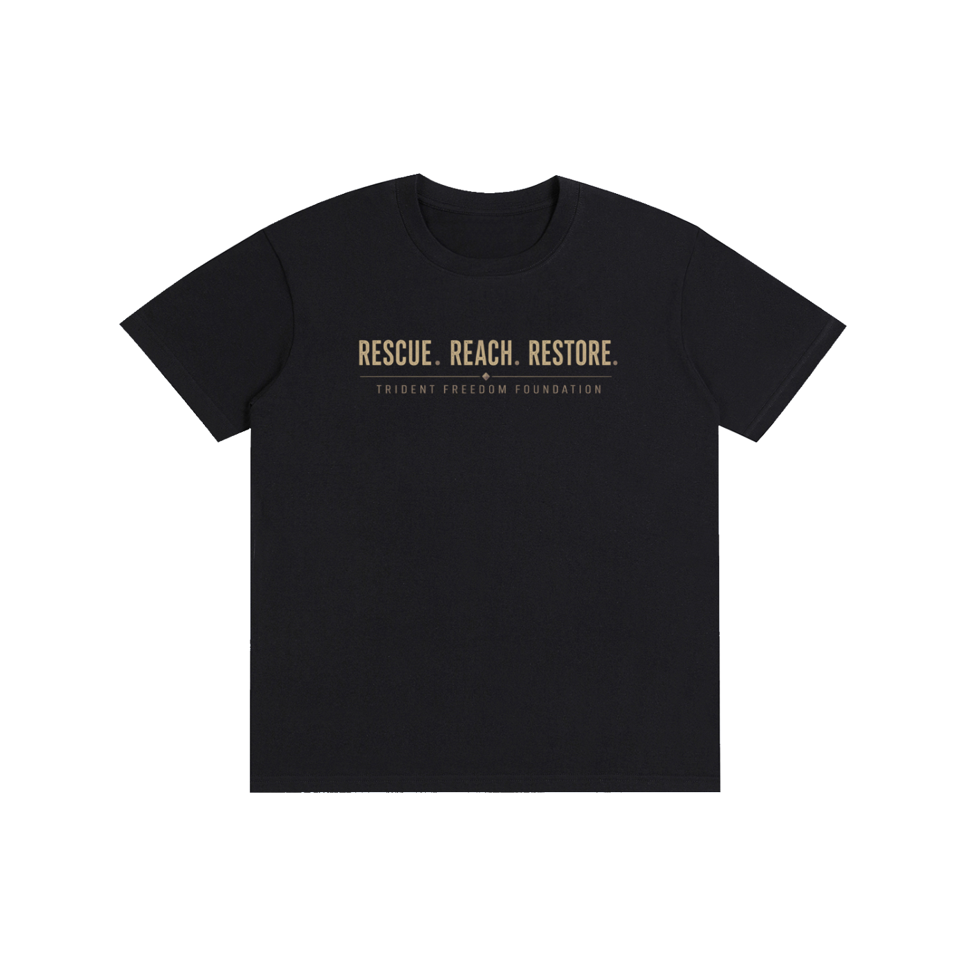 Black t-shirt with a small logo on a white background